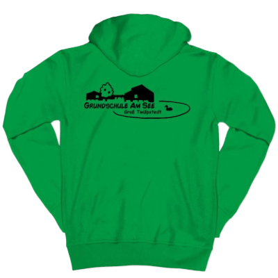 Bild von der Rückseite eines Hoddies in grün mit dem aufgedruckten Logo der Schule. 