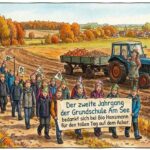 Illustration: Kinder der zweiten Klasse wandern mit einem Banner über einen Feldweg im Herbst zu einem Acker, auf dem ein Traktor mit Anhänger steht.