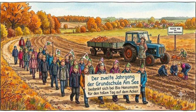 Illustration: Kinder der zweiten Klasse wandern mit einem Banner über einen Feldweg im Herbst zu einem Acker, auf dem ein Traktor mit Anhänger steht.