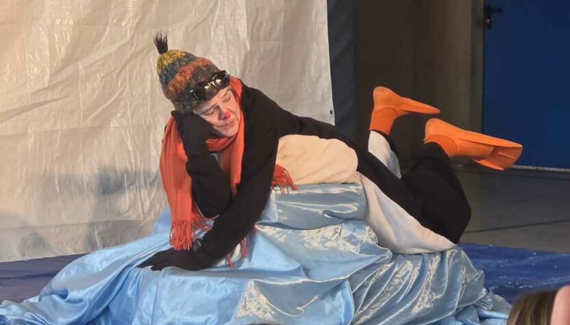 Der Pinguin aus dem Theaterstück liegt mit Mütze, Sonnenbrille und orangefarbenem Schal entspannt auf einem hellblauen Stoffhügel.